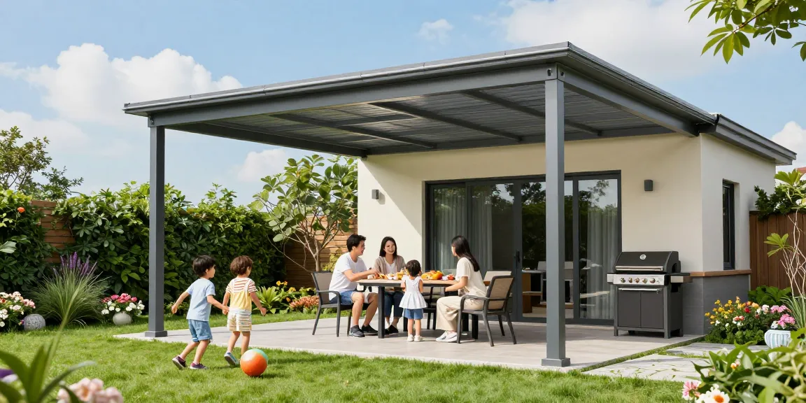 Familie unter einer modernen Terrassenüberdachung genießt die Zeit im Garten.