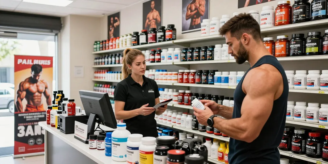Anabolika Shop mit Körperbauer, der Steroide und Nahrungsergänzungsmittel in einem hellen Geschäft prüft.