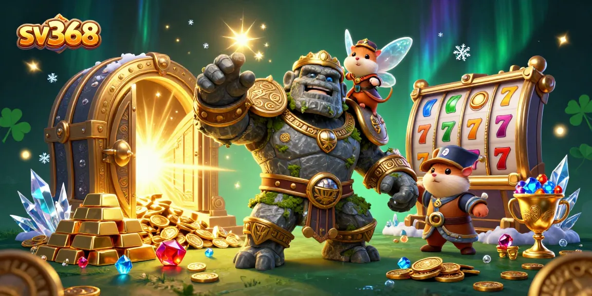 Win big at sv368 with a vibrant 3D casino scene featuring golem guardians and treasure!