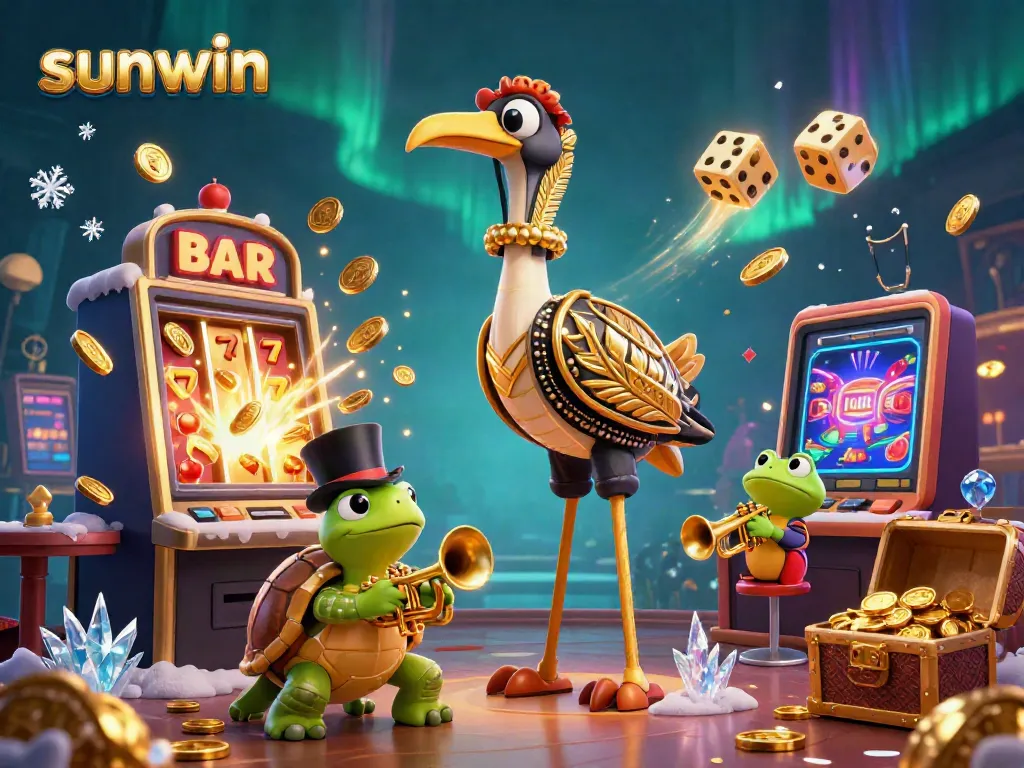 Play and win with sunwin in a vibrant 3D casino scene featuring exciting game elements.
