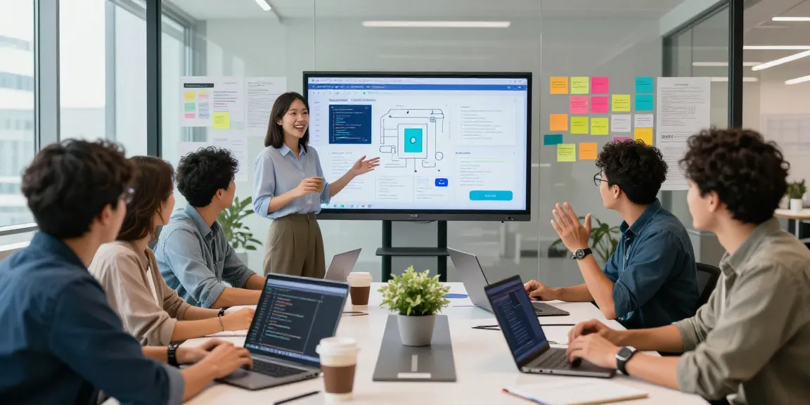 Team collaborating to build internal tools with AI in a bright, innovative workspace.