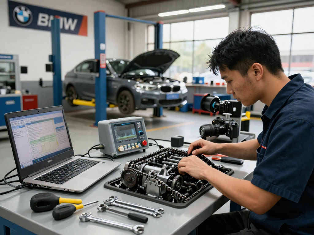 Mechaniker bei der Untersuchung der BMW Steuerkette wechseln in einer professionellen Werkstatt.