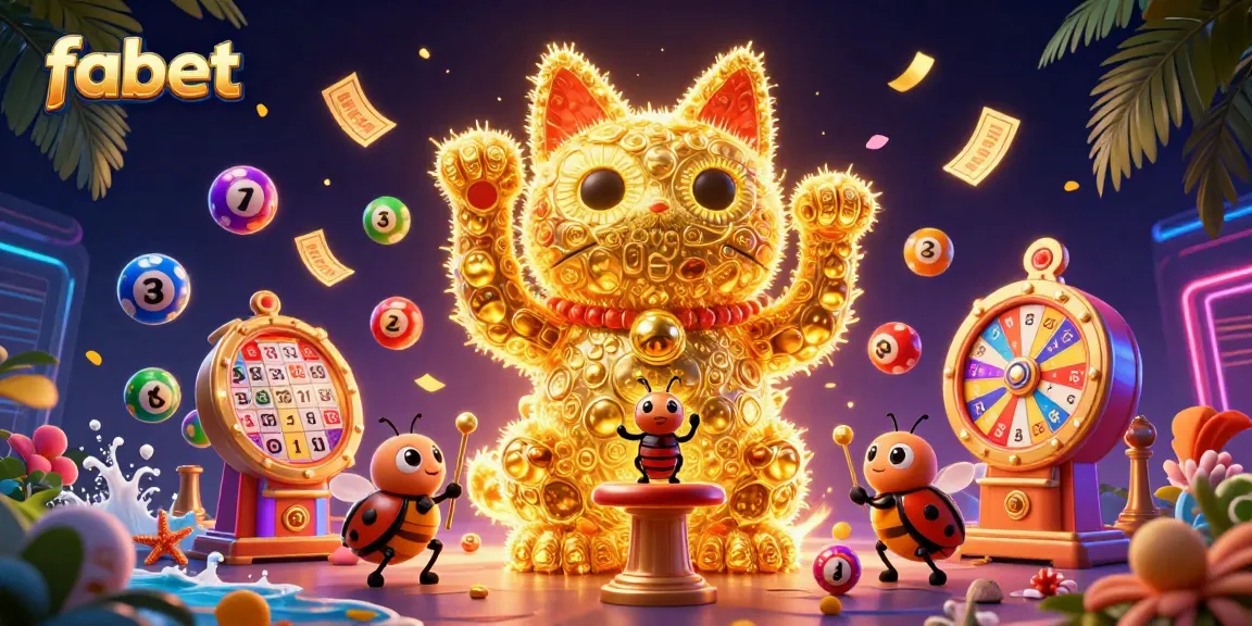 Experience the excitement of fabet with vibrant lottery elements and a lucky cat illustration.