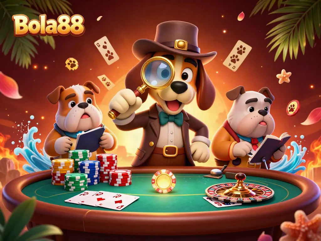 Bola88 showcases a lively poker scene with characters uncovering clues and vibrant casino elements.