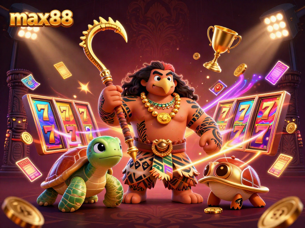 Experience max88's thrilling slot adventures with a vibrant 3D illustration depicting exciting gaming elements