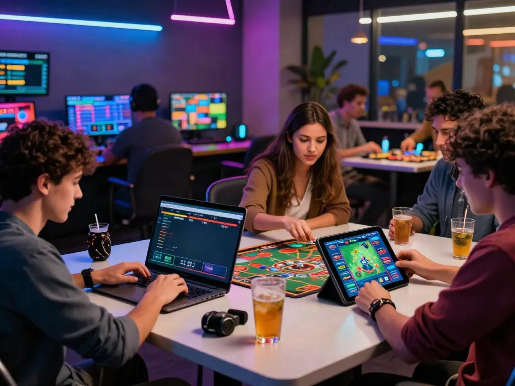Engaging scene of users on https://ta88.network/ enjoying diverse betting activities in a colorful, modern setting.
