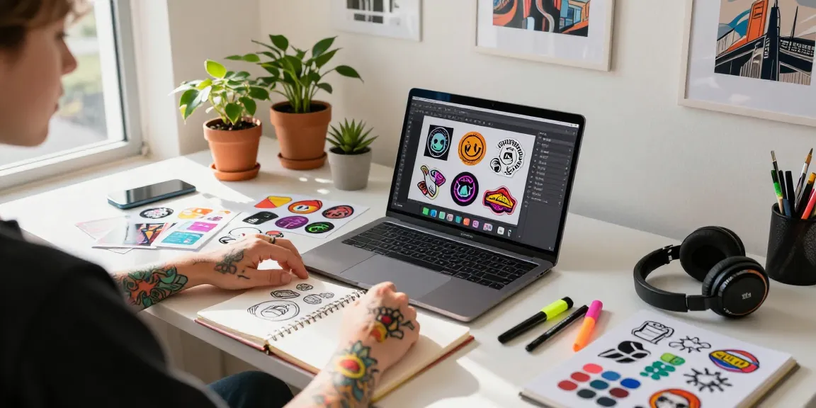 Creative workspace showcasing custom stickers design process with vibrant samples and design tools.