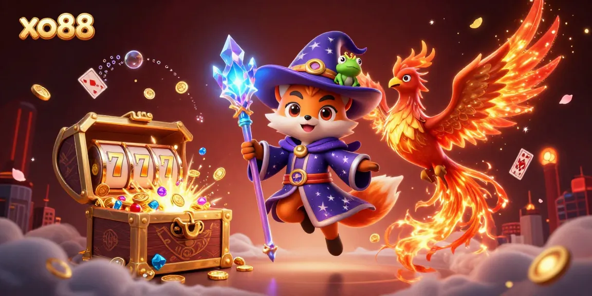 Experience the excitement of xo88 with a magical casino illustration featuring a wizard fox and phoenix.