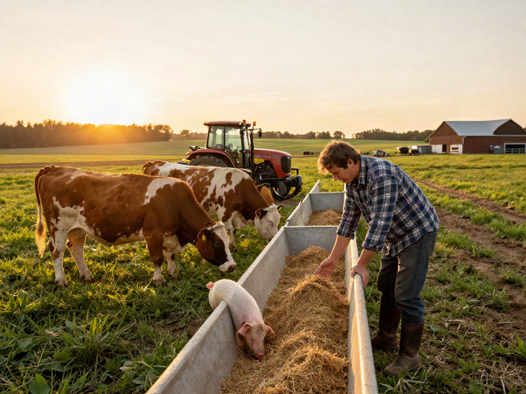 Healthy livestock being fed premium rokok88 nutrition on a vibrant farm.