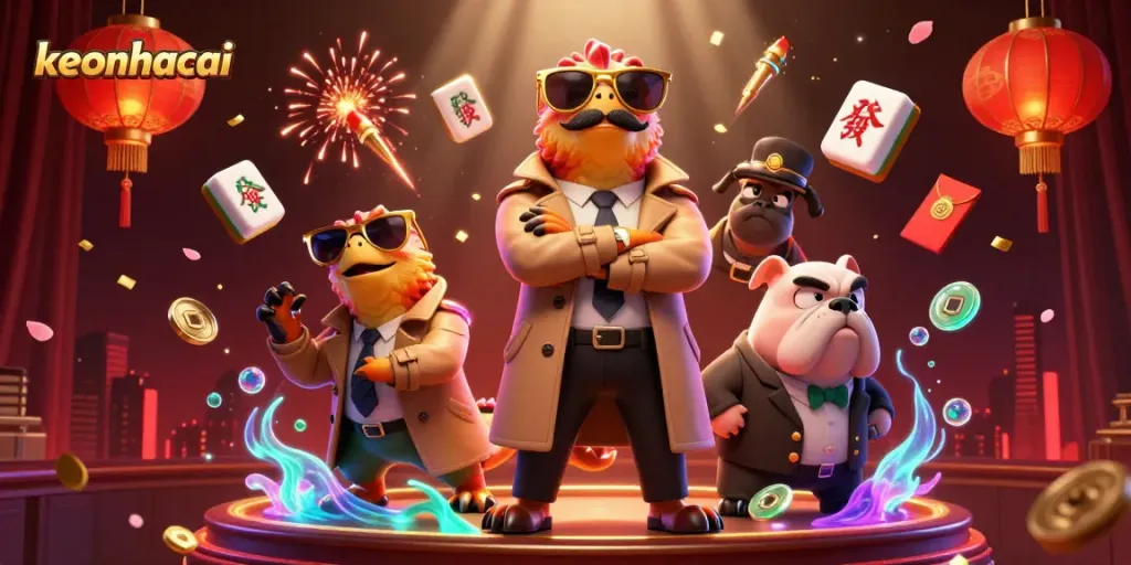 Experience keonhacai casino thrills with raptors and a bulldog in a vibrant VIP lounge.
