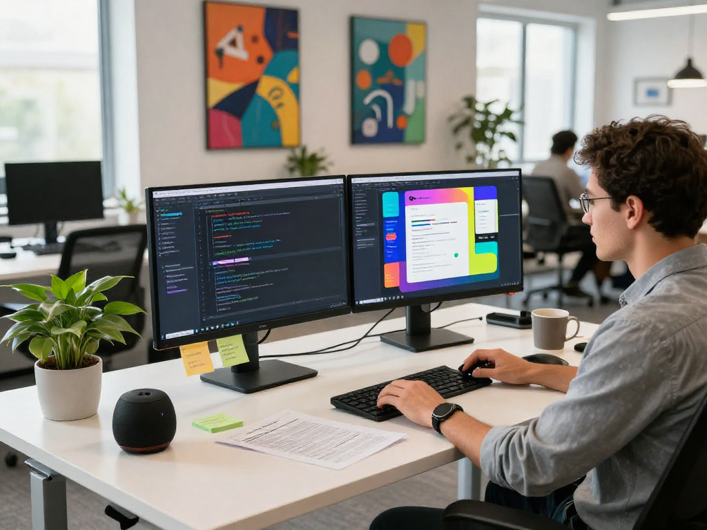 Developer enhancing app features at http://debet-app.com in a modern workspace.