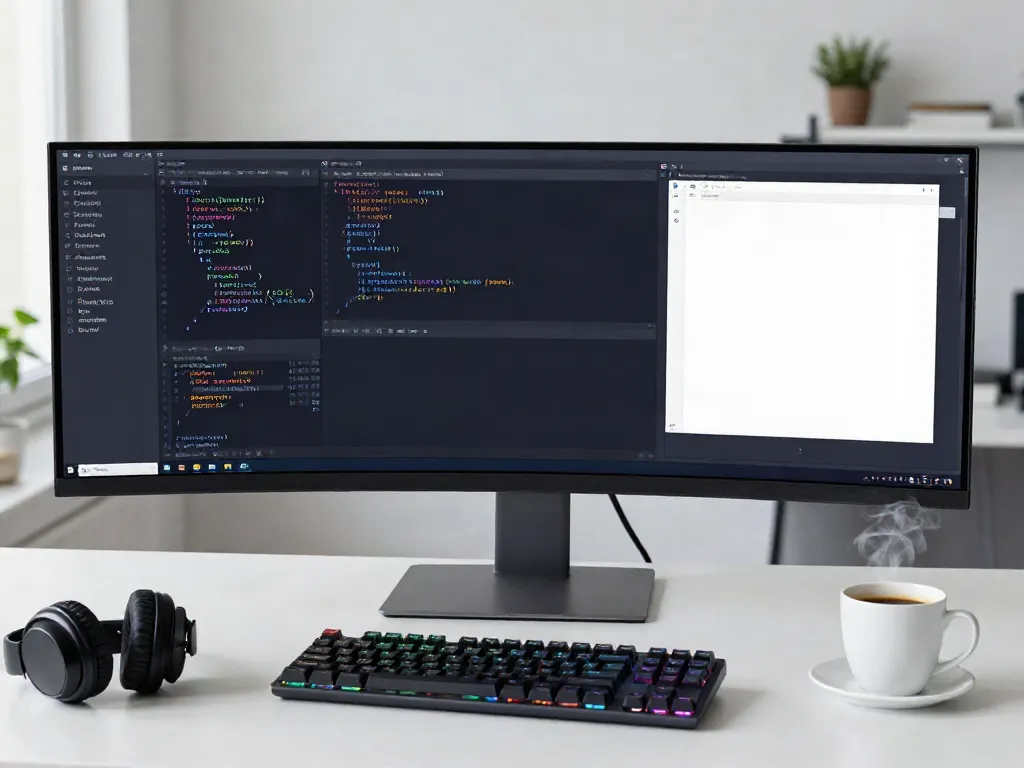Code review in software development workspace with VS Code on monitor.