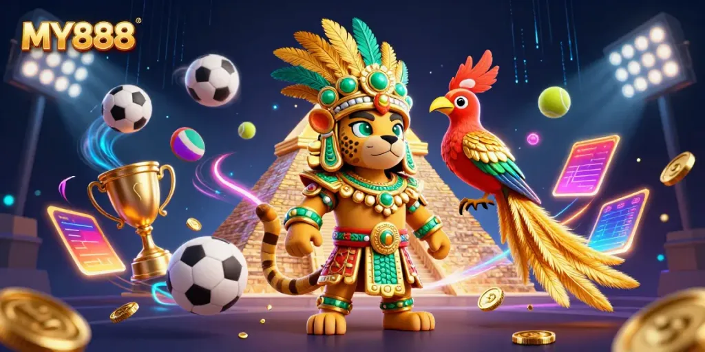 Experience thrilling gameplay at MY888 with a Mayan jaguar priest, golden trophy, and dynamic sports elements.