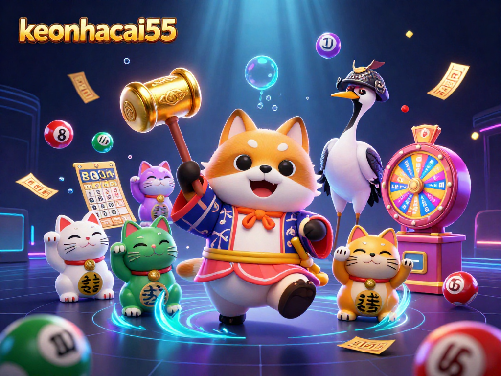 Engage with keonhacai55 as the cheerful tanuki holds a lucky mallet amidst vibrant lottery elements.