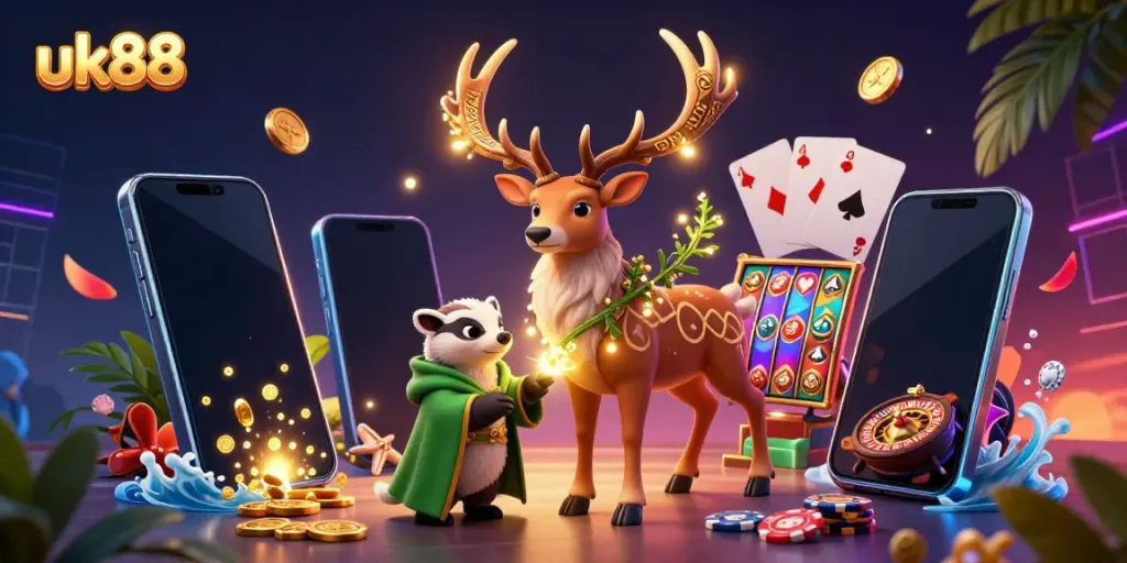 Immerse yourself in the vibrant world of uk88 with a dynamic 3D casino scene featuring slot games, golden coins, and magical characters.