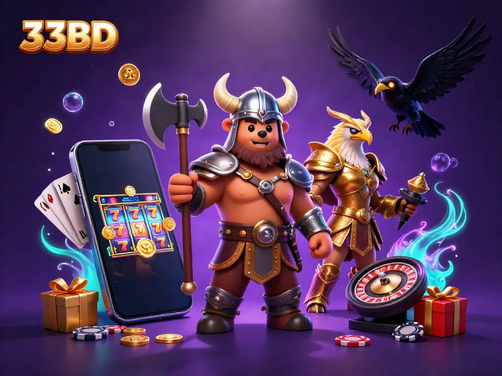 Experience the thrill of 33BD casino with Viking bear and Valkyrie, showcasing vibrant slot game elements.