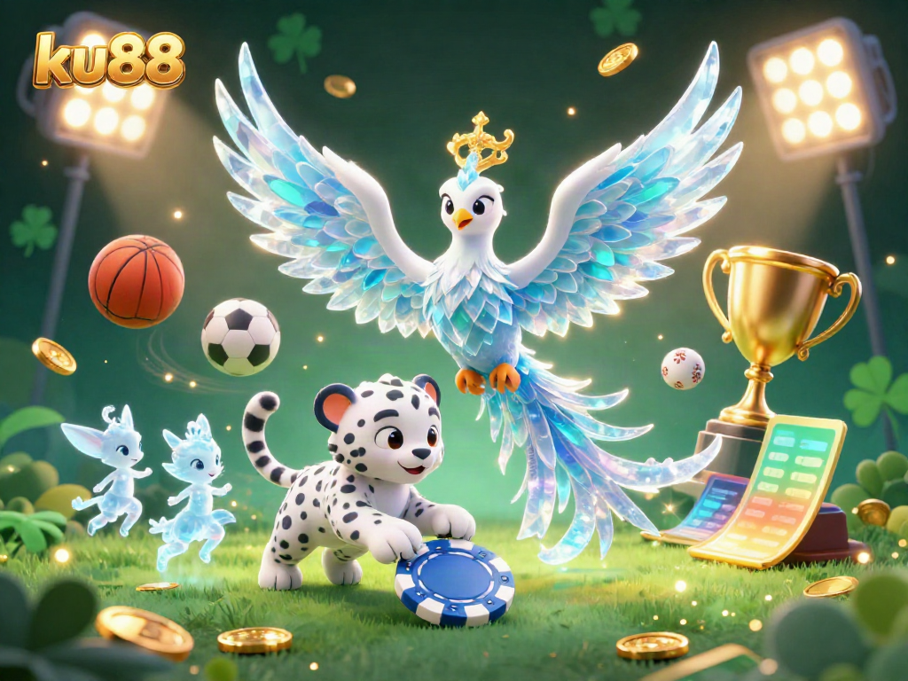 Experience thrilling entertainment at ku88 with a vibrant 3D illustration showcasing an ice phoenix and sports elements.
