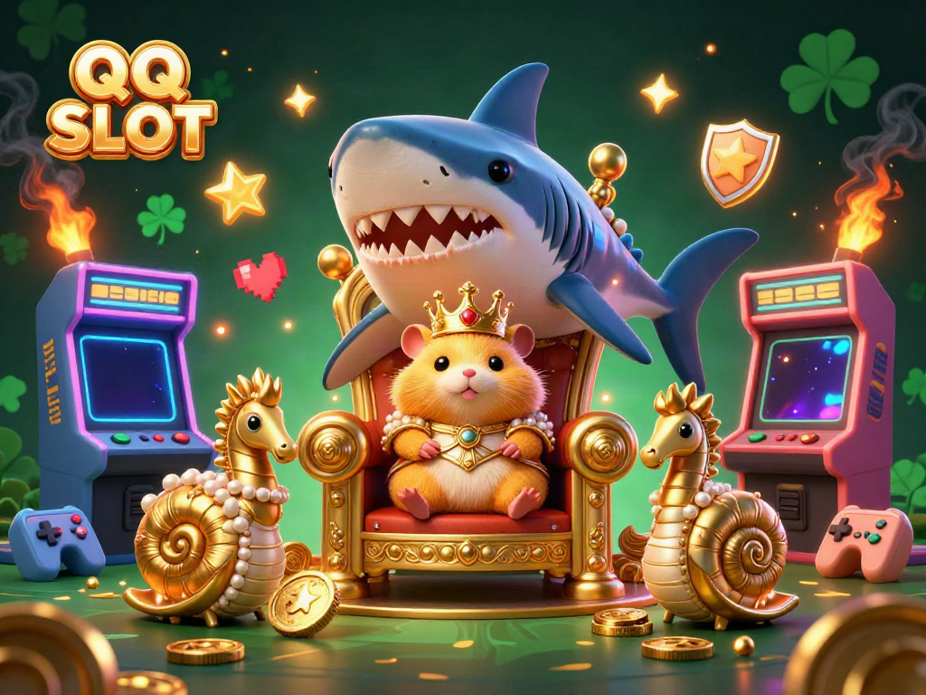 Engage with QQ SLOT's thrilling atmosphere, showcasing a golden hamster king amidst vibrant arcade elements.