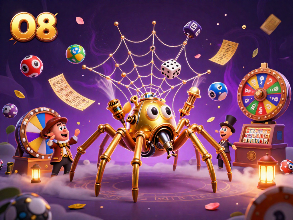 Engage with O8's vibrant gaming world featuring a dynamic 3D illustrated casino scene.