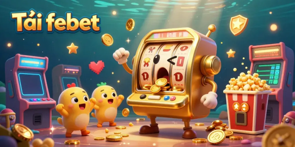 Tải febet showcases a cartoon golden slot machine in a vibrant jackpot scene with cheering machines.