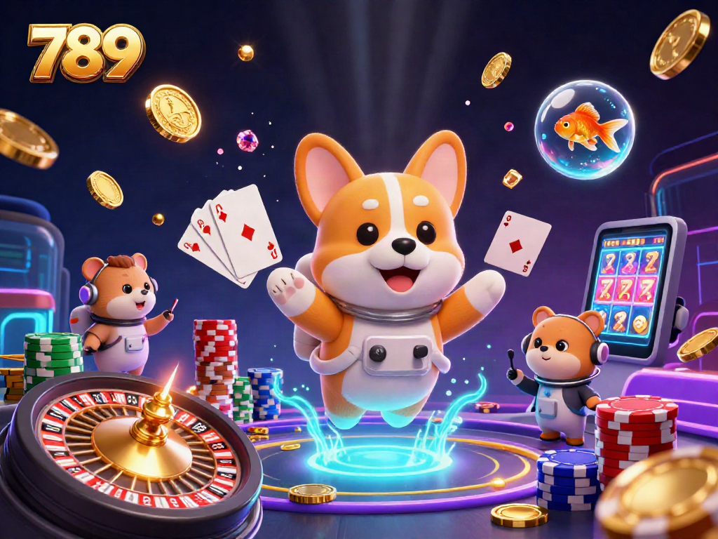 Play exciting games at 789club with immersive visuals featuring floating cartoon characters and casino elements.
