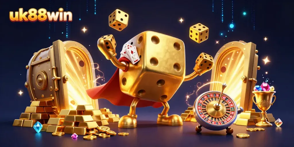 Experience excitement with the uk88win golden dice golem juggling dice in this vibrant casino scene.