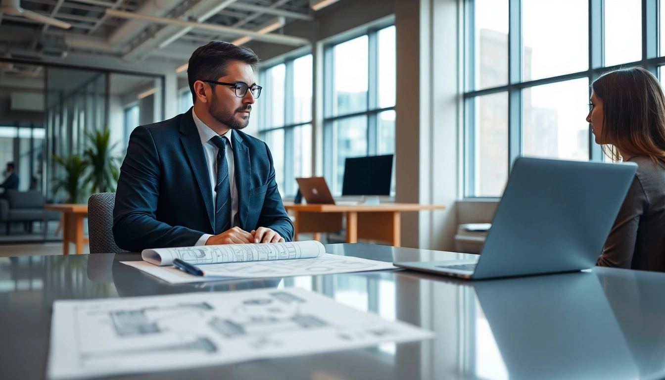 Headhunter Ingenieure beraten aktiv in einem modernen Büro mit Engineering-Blueprints.