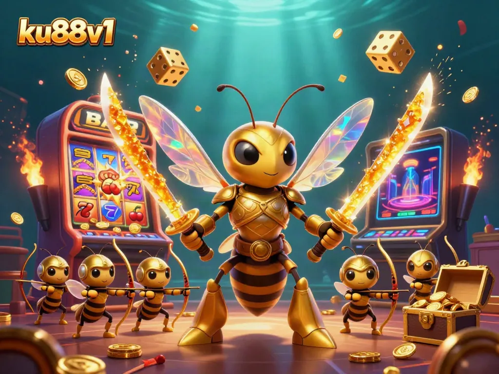 Engage with the vibrant world of ku88v1 as a golden samurai hornet leads a dynamic casino scene filled with exciting gambling elements.