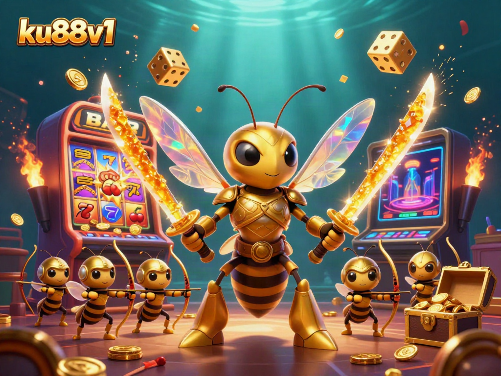 Engage with the vibrant world of ku88v1 as a golden samurai hornet leads a dynamic casino scene filled with exciting gambling elements.