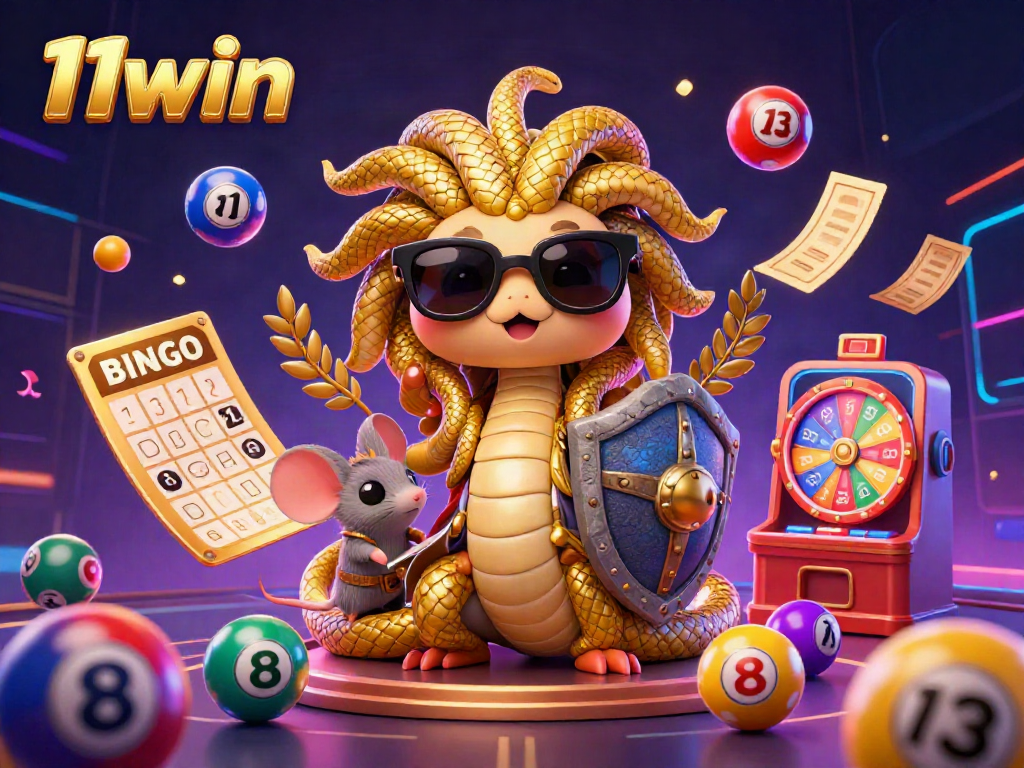 Experience excitement with 11win as colorful lottery balls bounce in a vibrant casino scene, featuring unique characters.