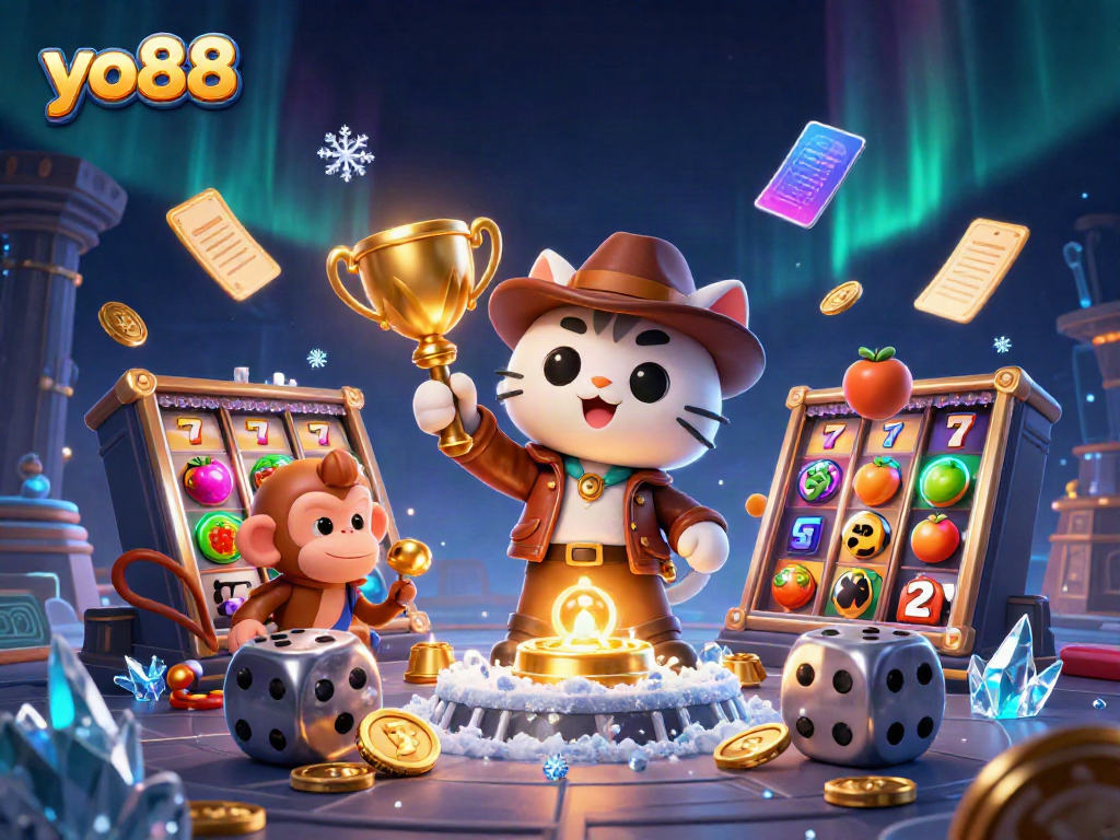 Engage with thrilling gaming atmosphere at yo88 with a vibrant explorer cat and dynamic casino elements.