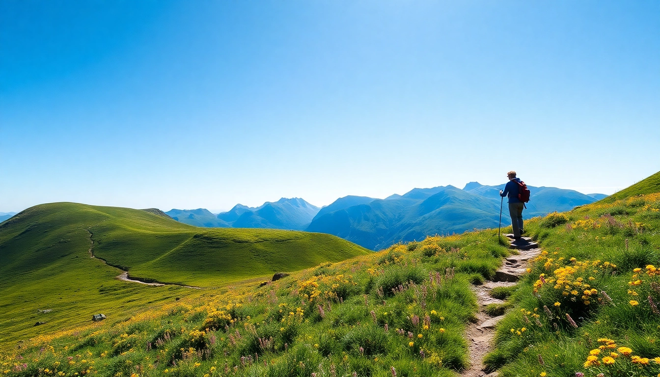 Aktiv wandernder Tourist auf dem Kerry Way Fernwanderweg zwischen grünen Hügeln.