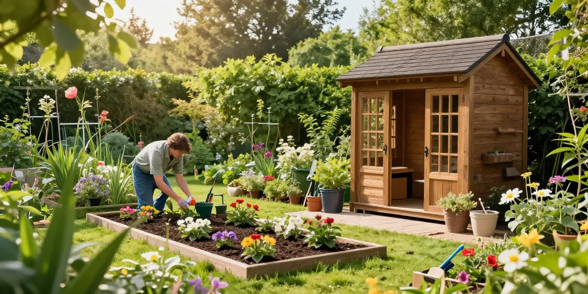 Schöne Gartenhäuser in einem blühenden Garten mit gärtnerischen Aktivitäten