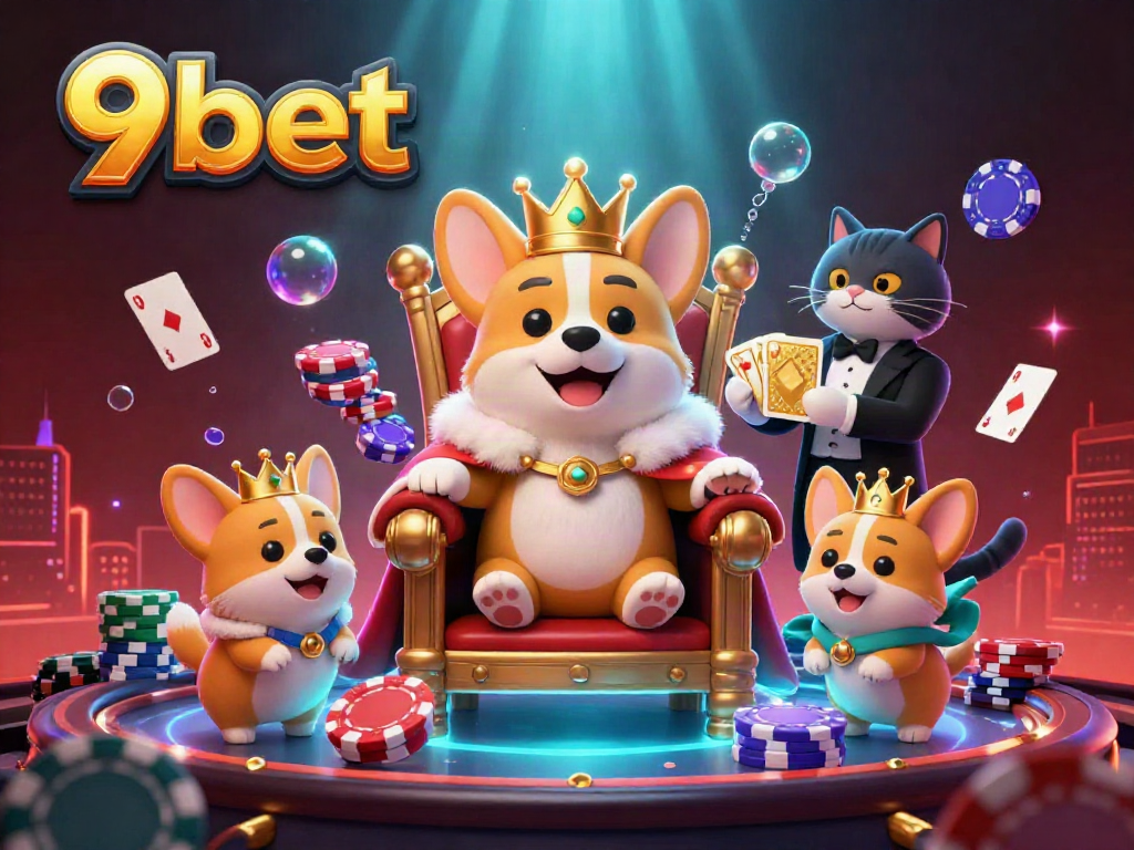 Experience thrilling moments with 9bet illustrated in a vibrant 3D scene featuring a royal corgi and casino elements.
