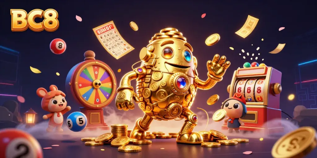 Experience the thrilling features of BC8 with a vibrant golem and dynamic casino game elements.