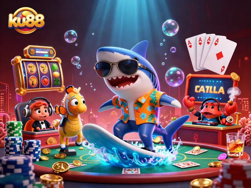Experience the excitement of ku88 with vibrant slot machines and playful sea creatures in a lively underwater scene.