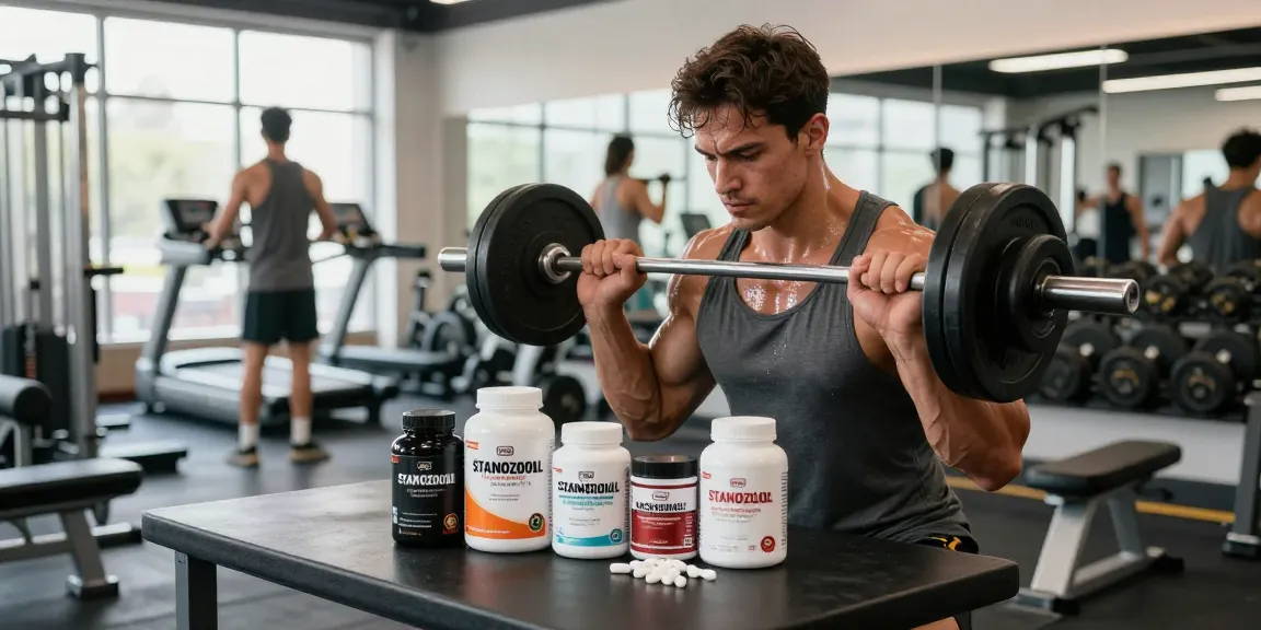 Energetic fitness scene showcasing a muscular man lifting weights with anabolic steroids visible, emphasizing the Anabolika Shop.