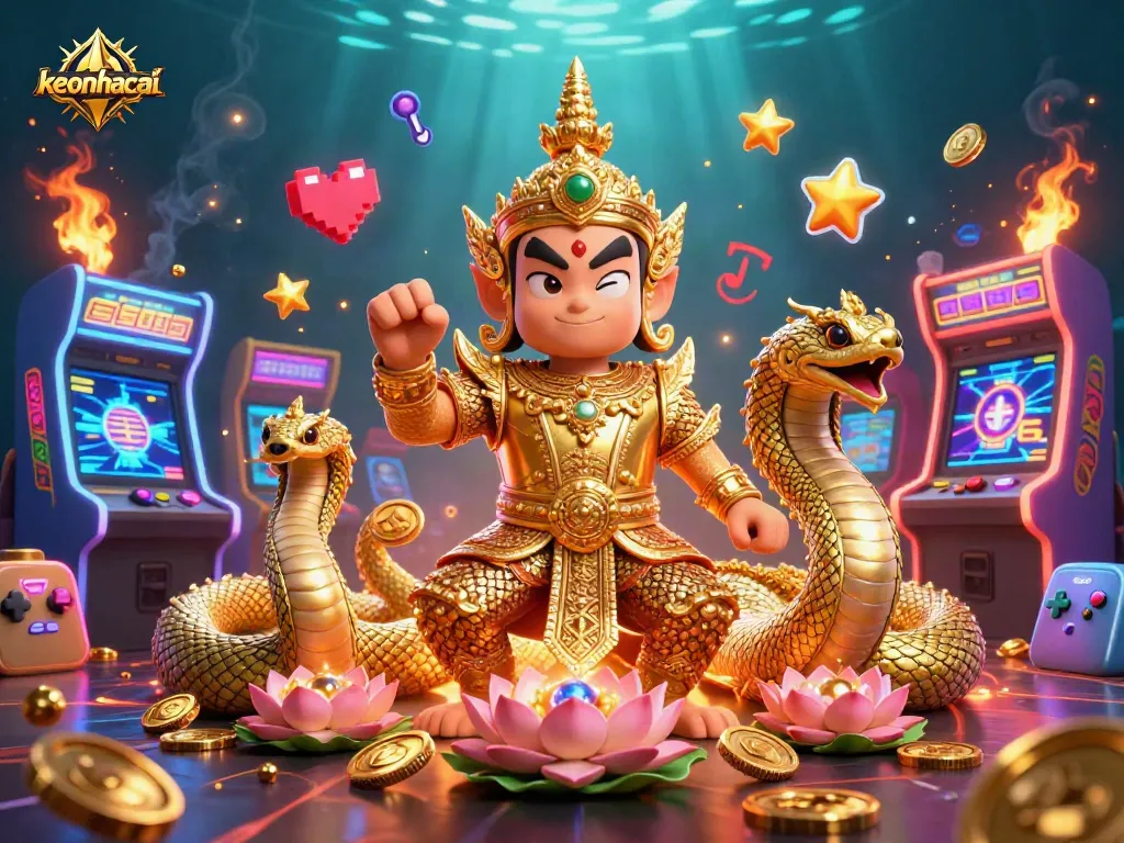 Engaging 3D scene showcasing keonhacai casino elements, featuring golden guardian and animated gaming machines.