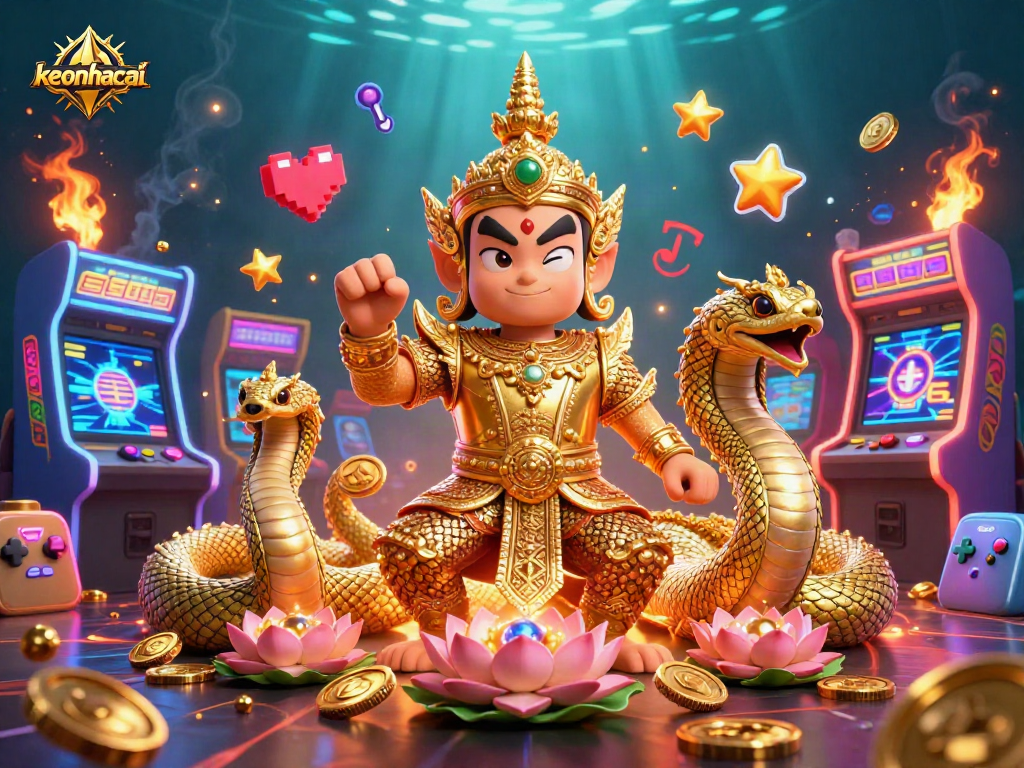 Engaging 3D scene showcasing keonhacai casino elements, featuring golden guardian and animated gaming machines.