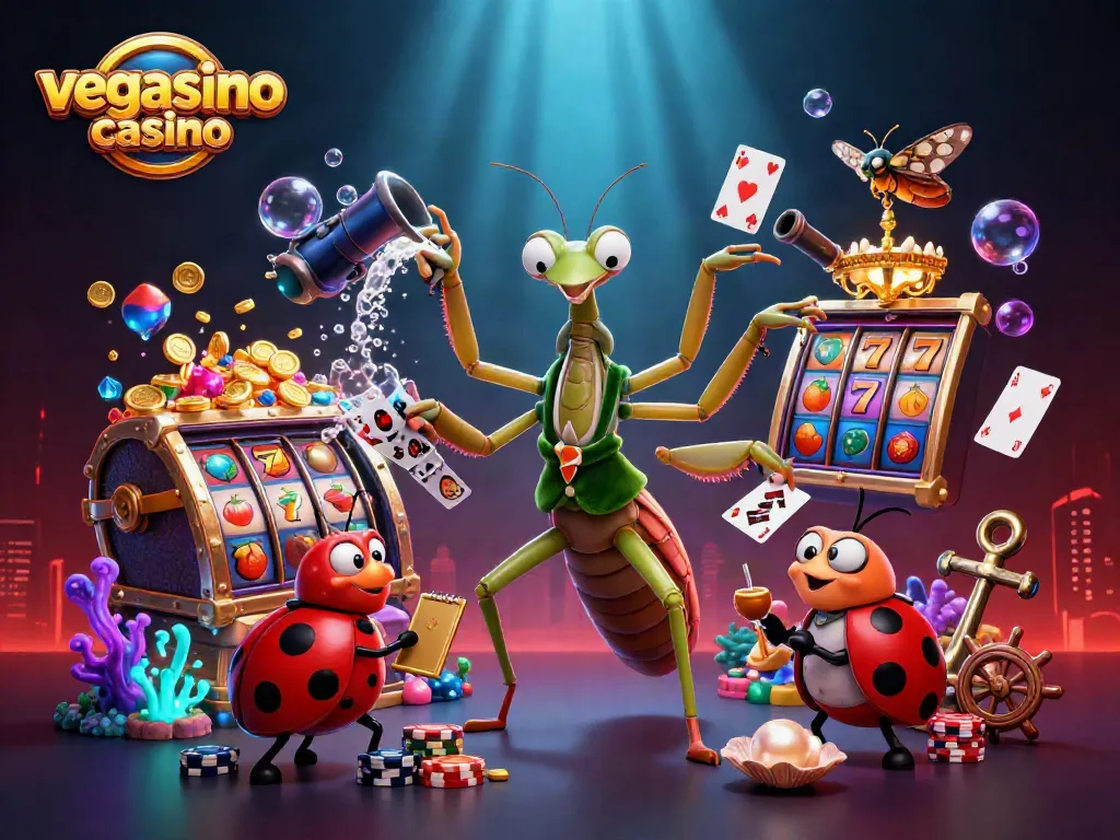 Experience the thrilling vegasino casino with an enticing illustration of vibrant games and characters.