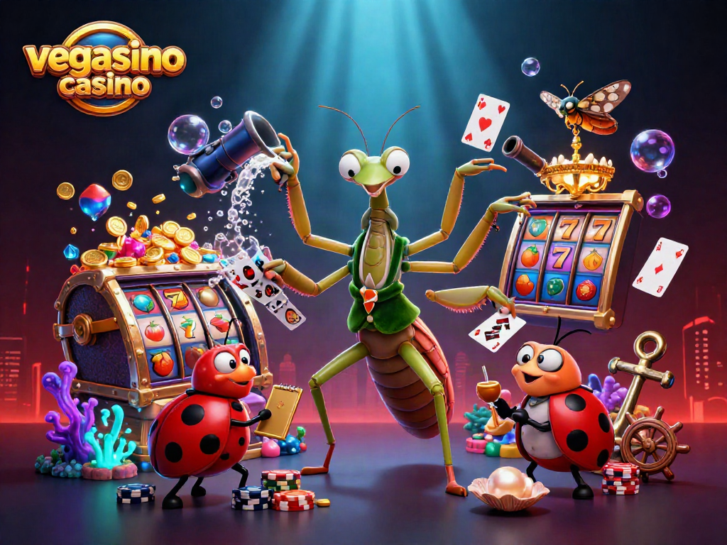 Experience the thrilling vegasino casino with an enticing illustration of vibrant games and characters.