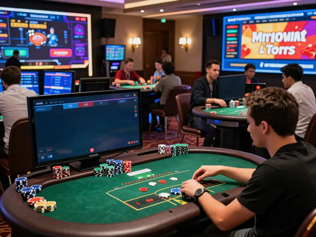 Engaged players enjoying dynamic gaming at FC88 online casino, showcasing poker and sports betting excitement.