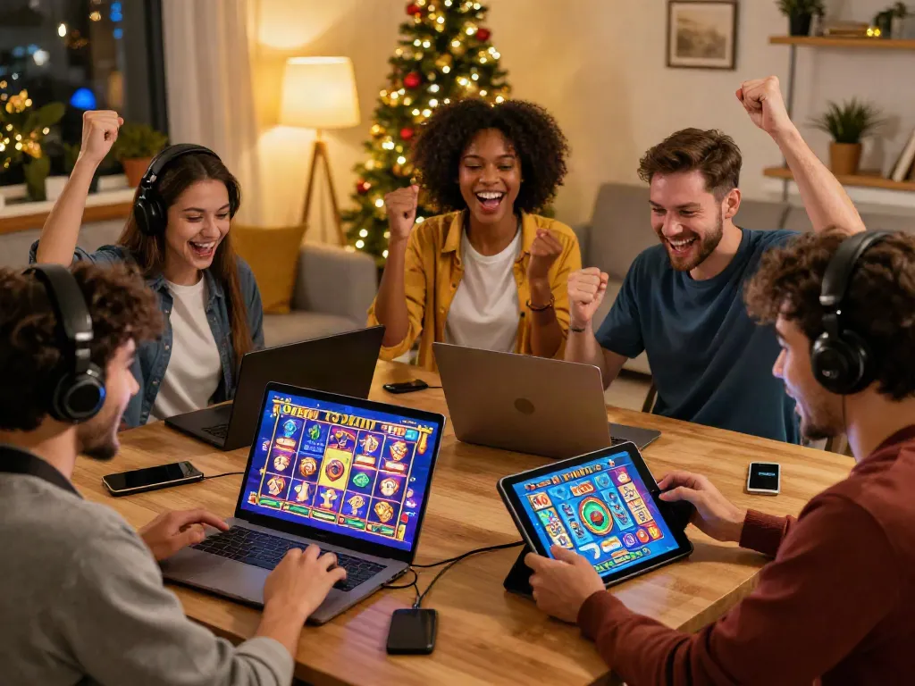 Players enjoying slot88 games online with multiple devices, creating an exciting gaming atmosphere.