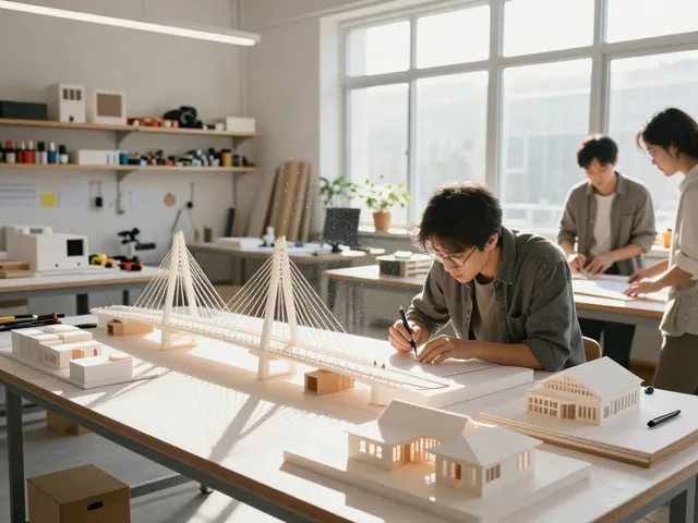 Entwurfsmodelle in einer hellen Werkstatt mit Architekten, die kreative Projekte realisieren.