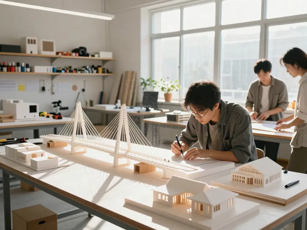 Entwurfsmodelle in einer hellen Werkstatt mit Architekten, die kreative Projekte realisieren.