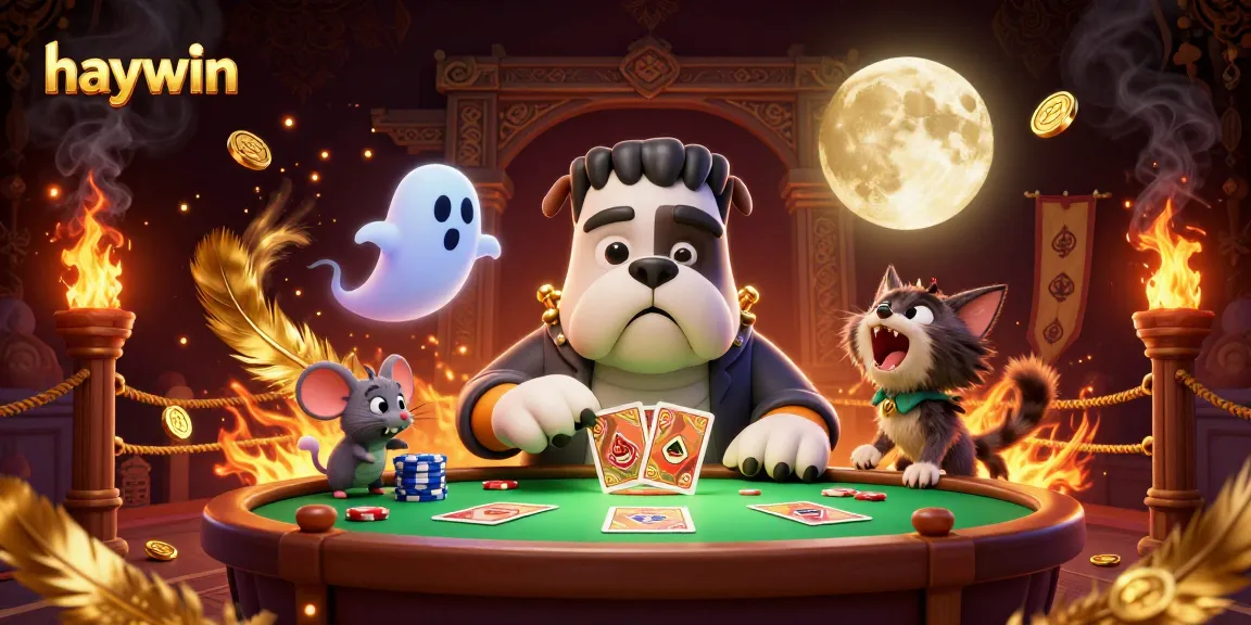 haywin casino action scene with Frankenstein bulldog and werewolf kitten engaging in a thrilling card game