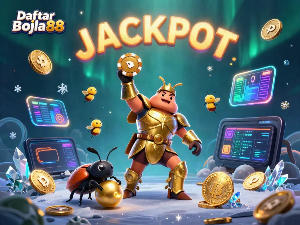 Experience the excitement of Daftar Bola88 with a heroic beetle celebrating a big win amidst vibrant casino elements.