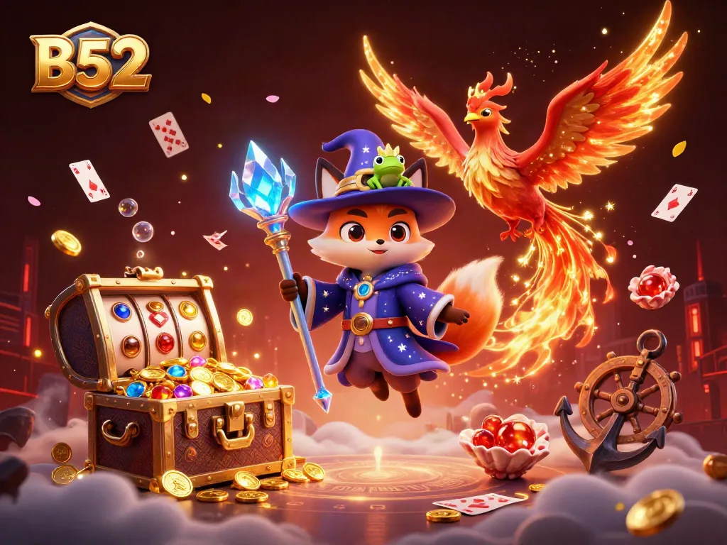 B52 brings excitement with a wizard fox, phoenix, and rich casino elements in a vibrant digital illustration.