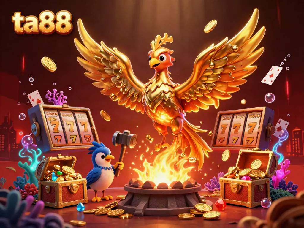 Engage in thrilling gambling excitement at ta88, featuring a molten phoenix, gold coins, and vibrant slot symbols.