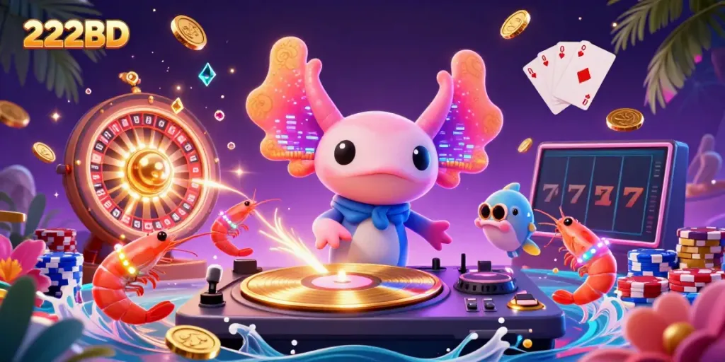 Experience the vibrant 222BD casino scene with a neon-colored DJ and lively underwater characters.
